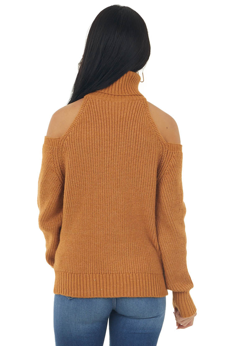 Caramel Cold Shoulder Turtleneck Knit Sweater