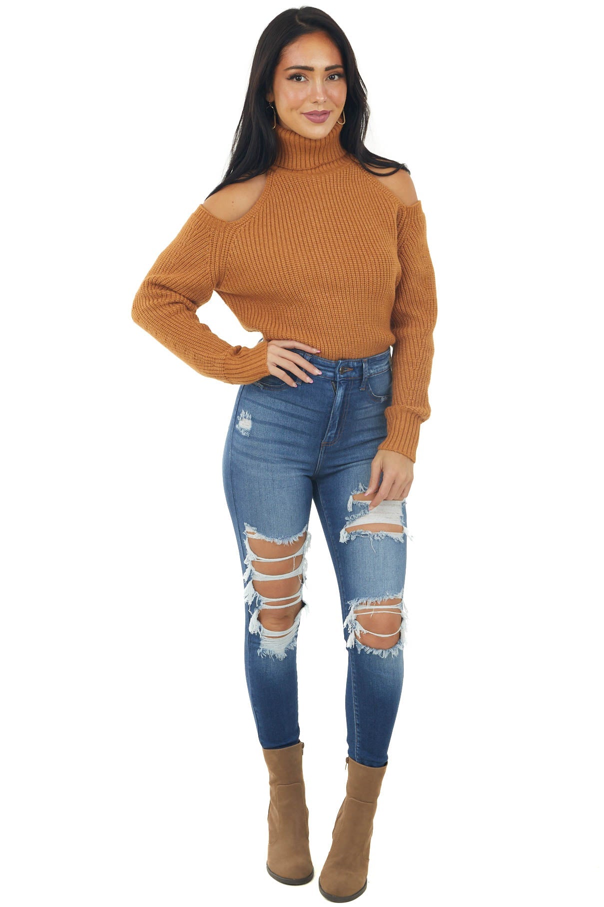 Caramel Cold Shoulder Turtleneck Knit Sweater