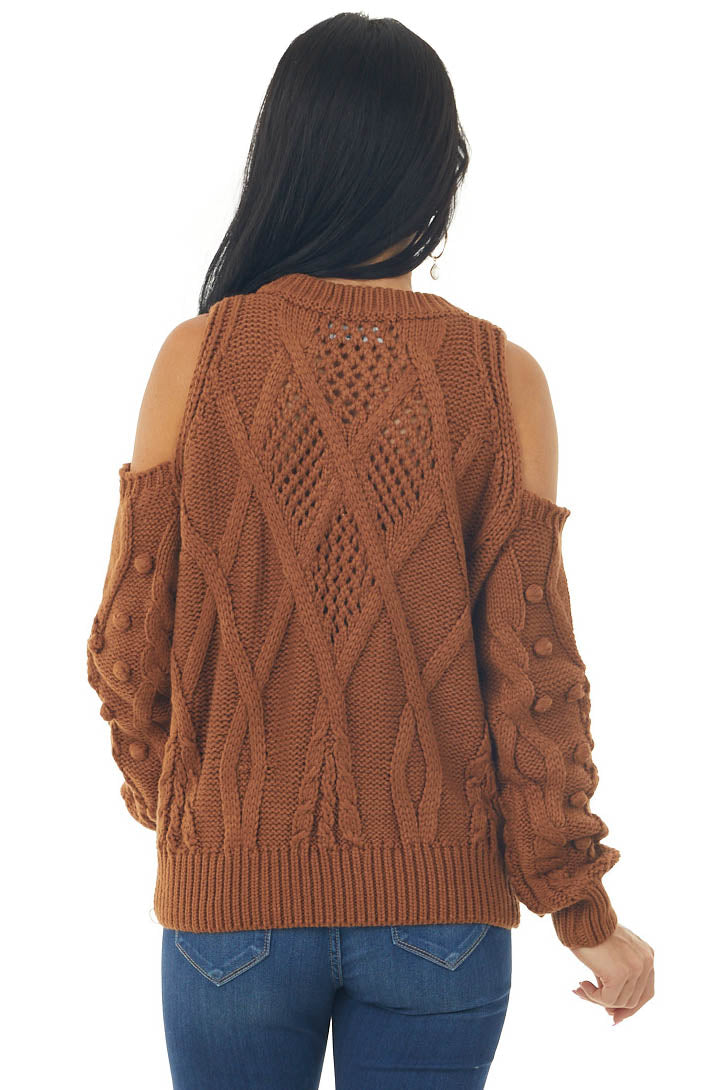 Caramel Crochet Cold Shoulder Pom Pom Sweater