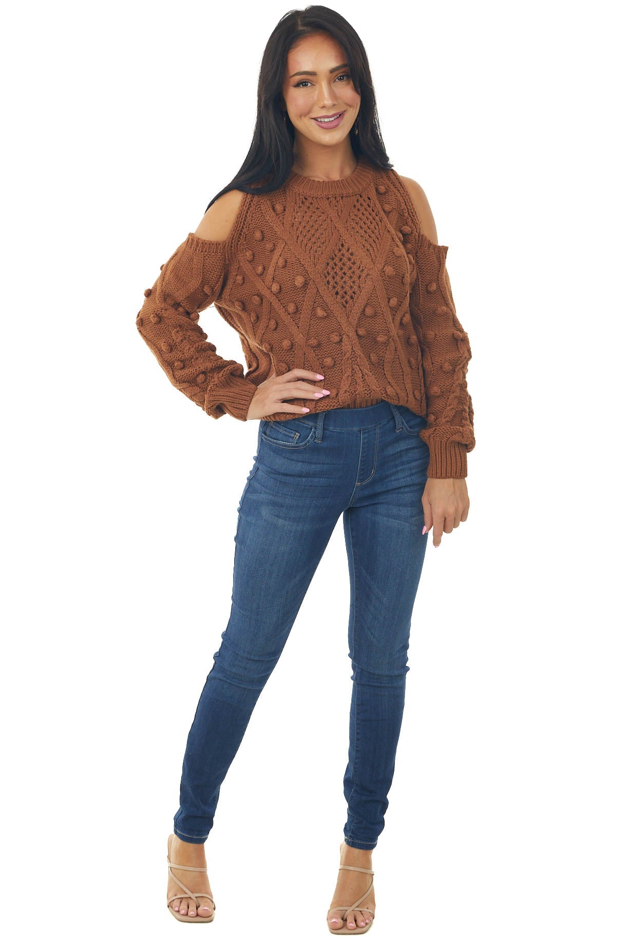 Caramel Crochet Cold Shoulder Pom Pom Sweater