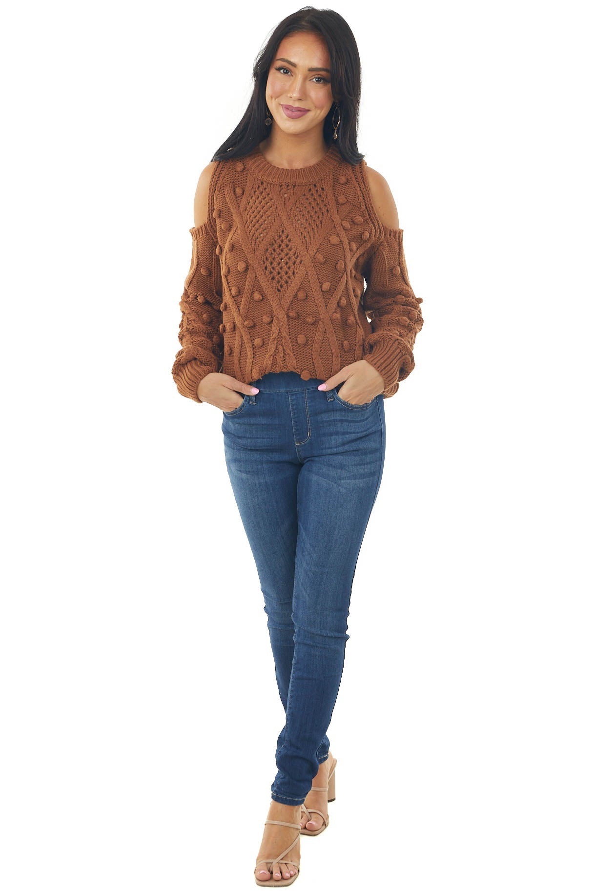 Caramel Crochet Cold Shoulder Pom Pom Sweater