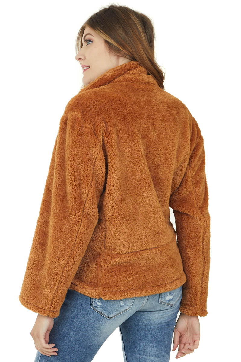 Caramel Faux Fur Zip Up Jacket with Belt Detail