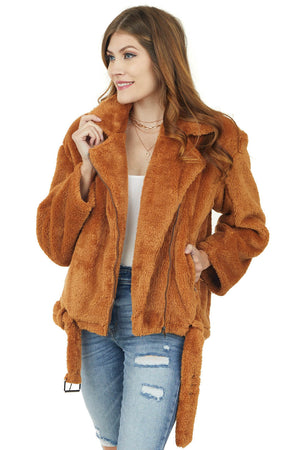 Caramel Faux Fur Zip Up Jacket with Belt Detail