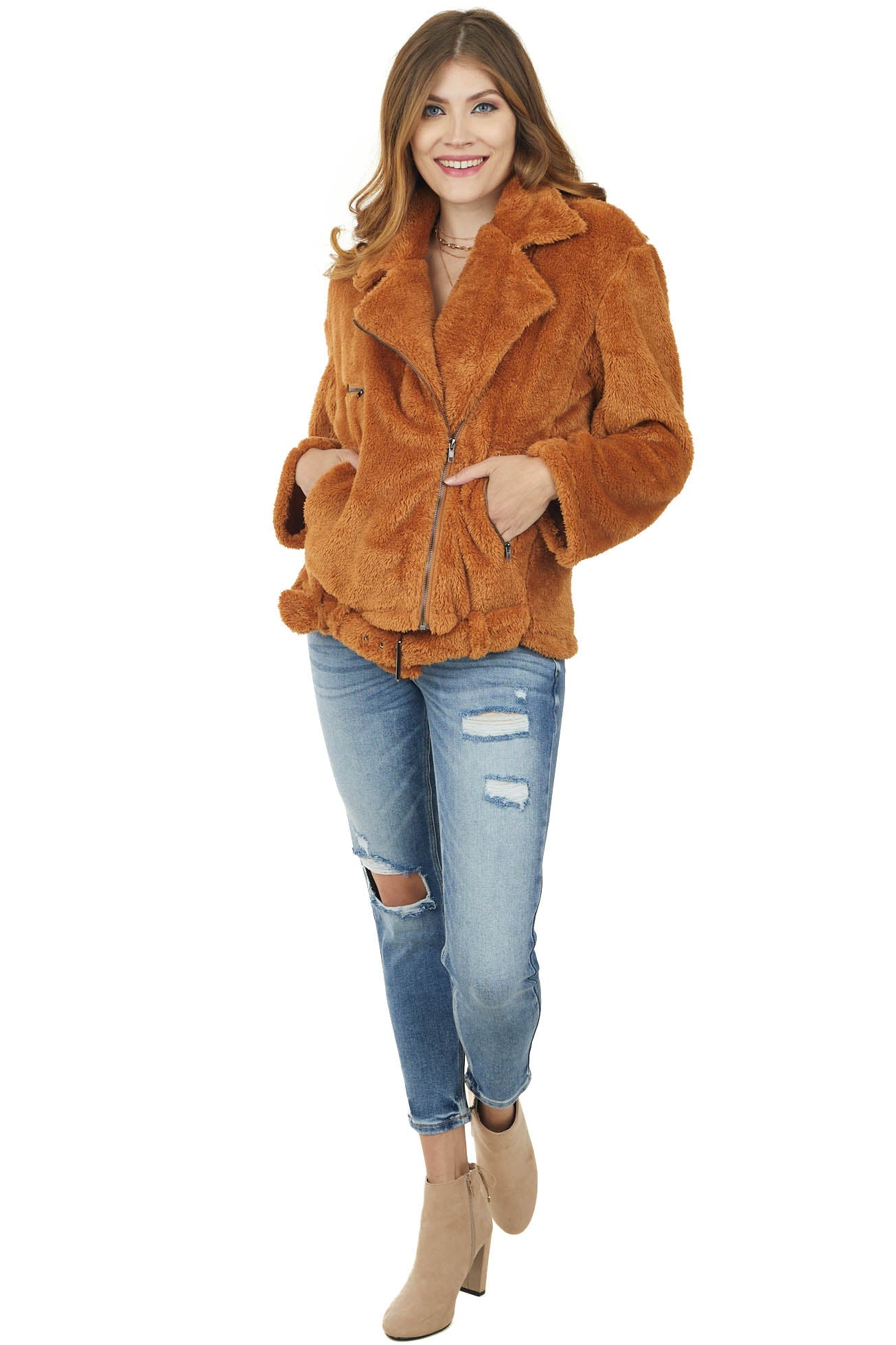 Caramel Faux Fur Zip Up Jacket with Belt Detail