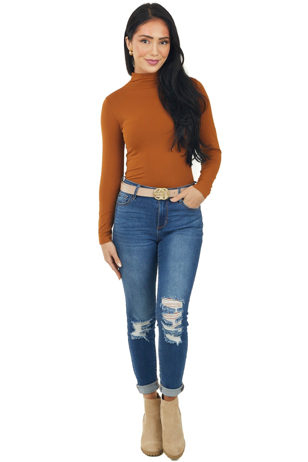 Caramel Fitted Mock Neck Long Sleeve Knit Top