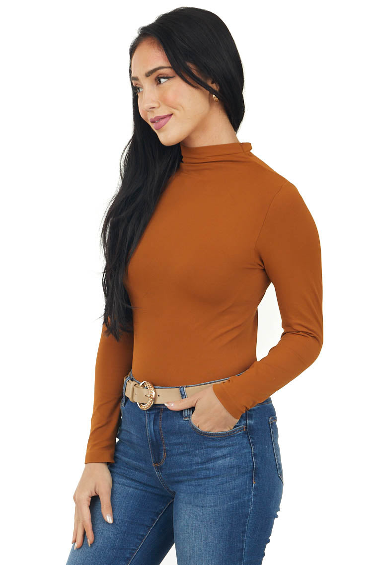Caramel Fitted Mock Neck Long Sleeve Knit Top