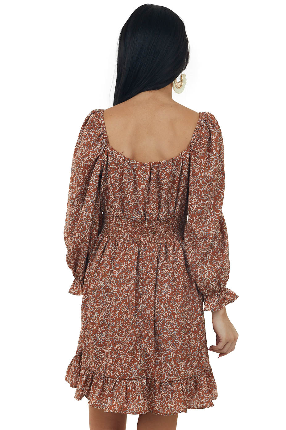 Caramel Printed Long Bubble Sleeve Short Dress