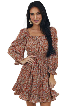 Caramel Printed Long Bubble Sleeve Short Dress