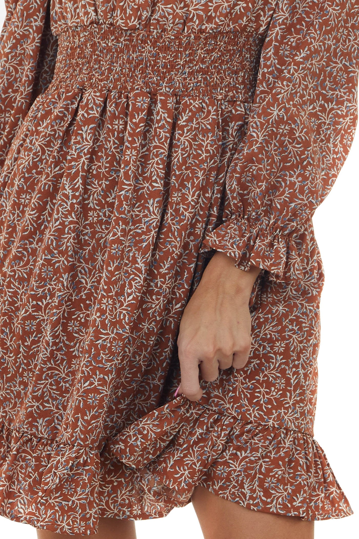 Caramel Printed Long Bubble Sleeve Short Dress