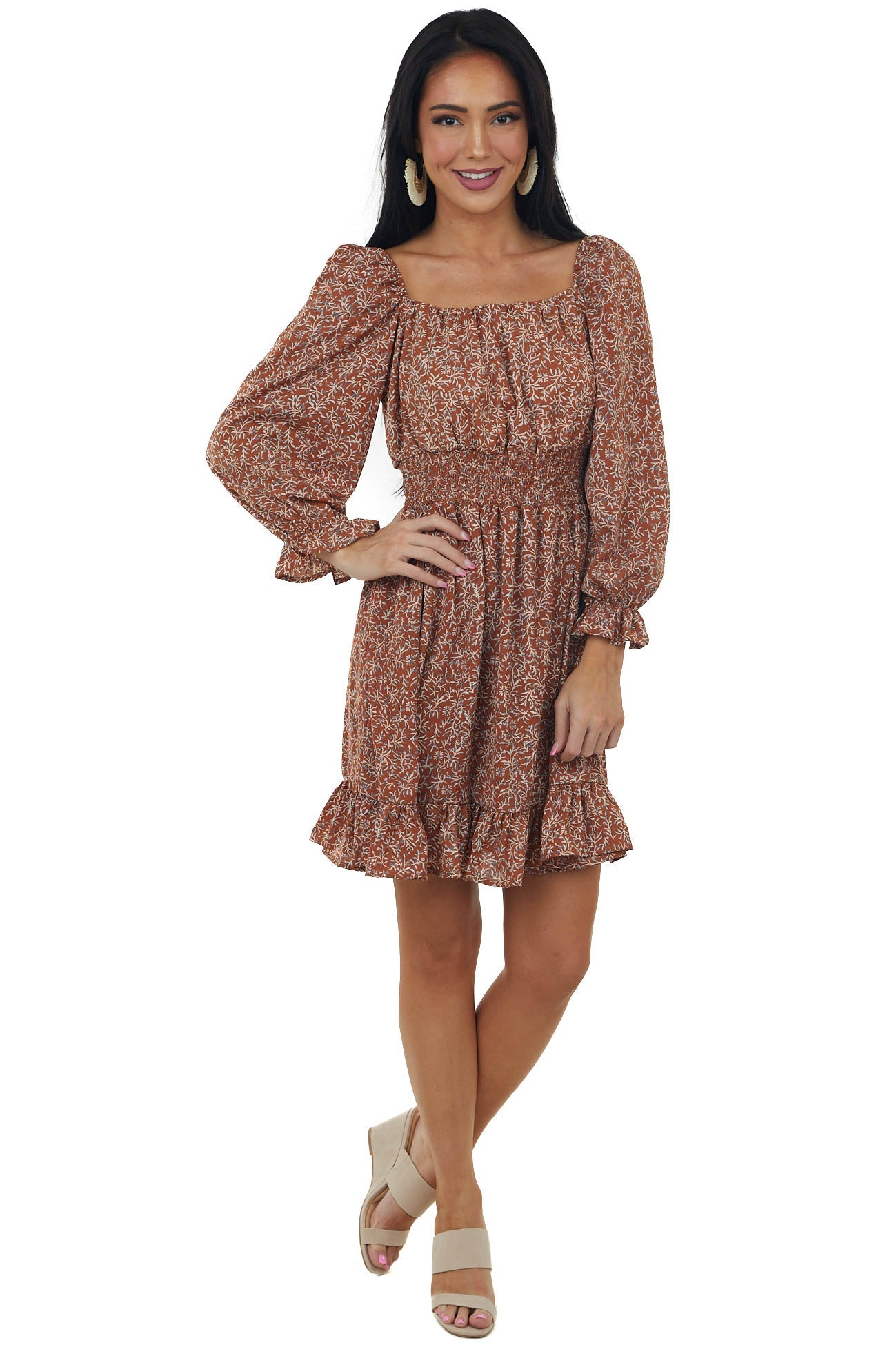 Caramel Printed Long Bubble Sleeve Short Dress