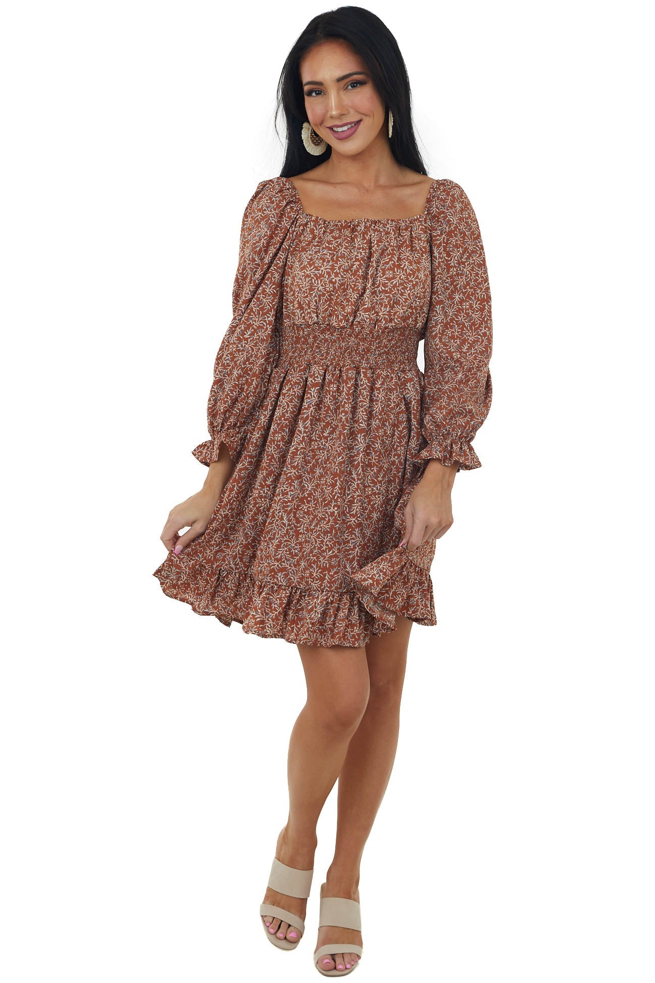 Caramel Printed Long Bubble Sleeve Short Dress