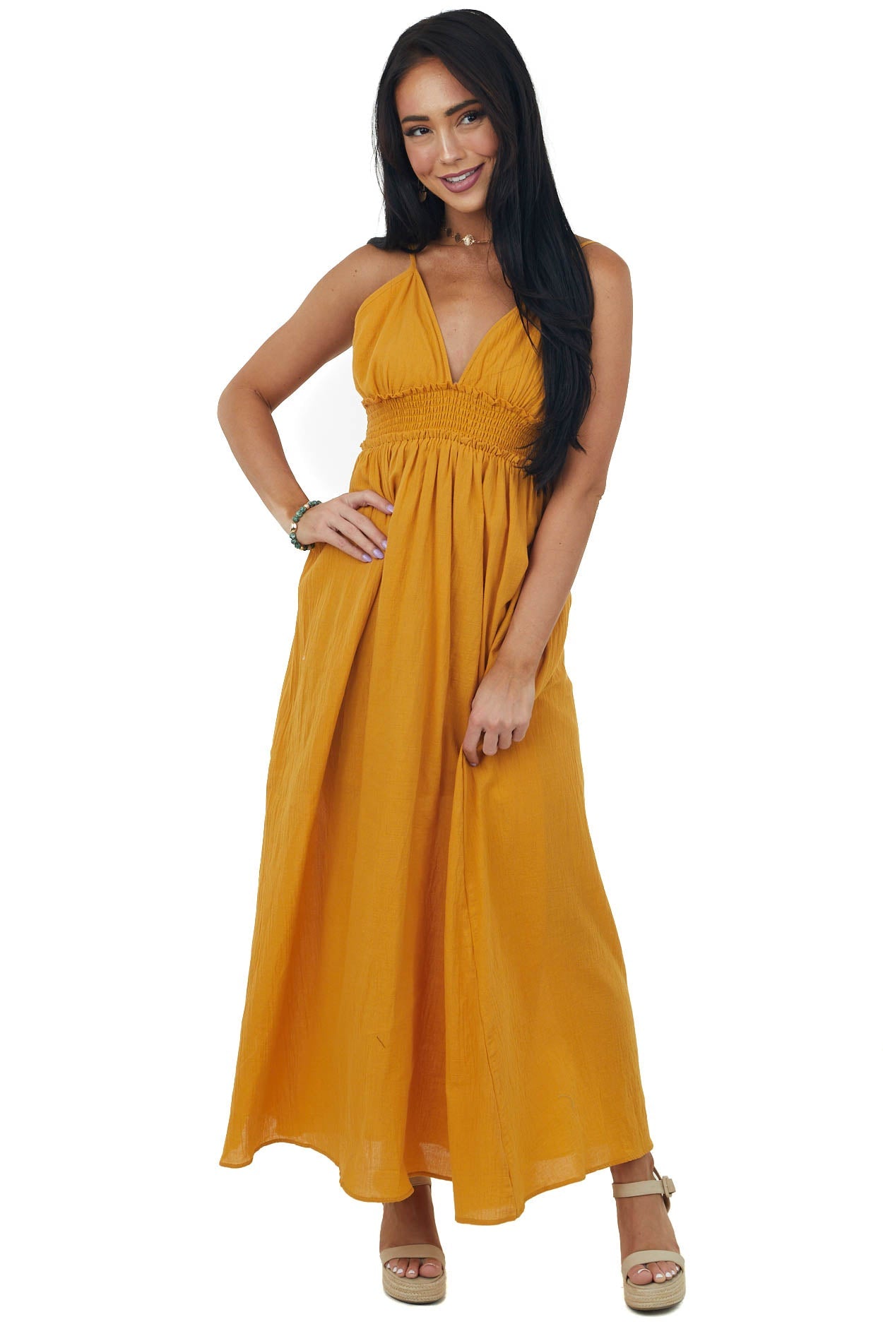 Caramel Sleeveless Smocked Waist Maxi Dress