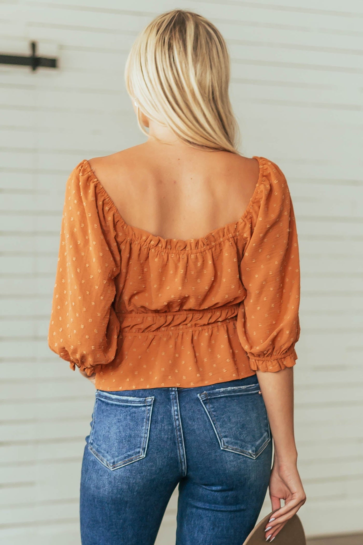 Caramel Square Neck Puff Sleeve Swiss Dot Blouse