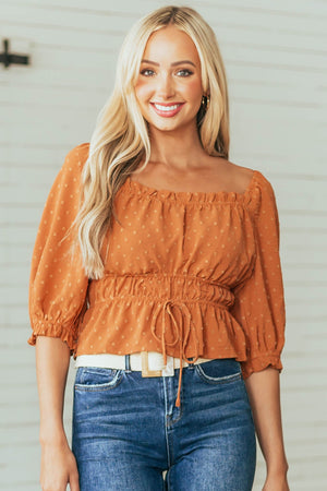 Caramel Square Neck Puff Sleeve Swiss Dot Blouse