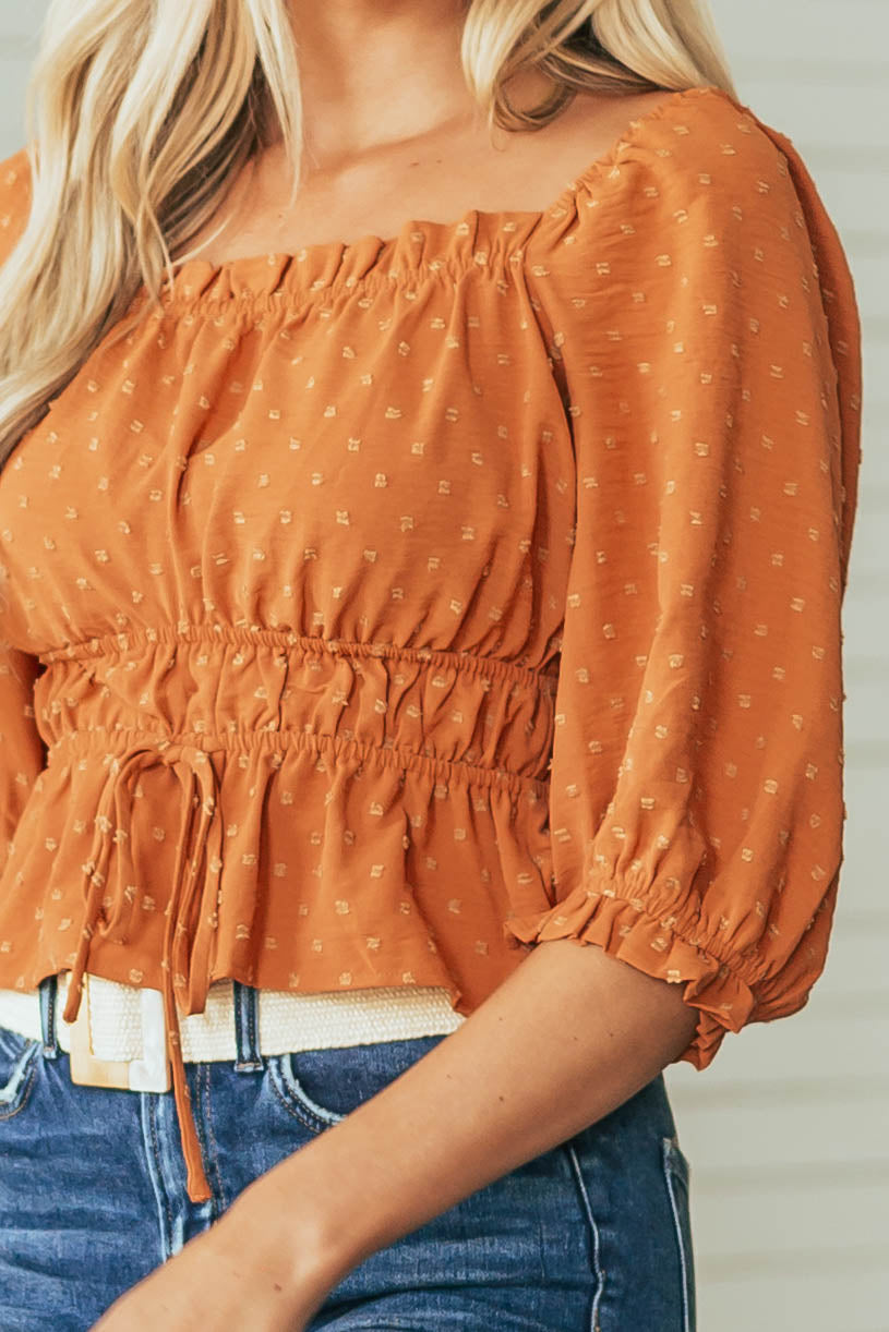 Caramel Square Neck Puff Sleeve Swiss Dot Blouse