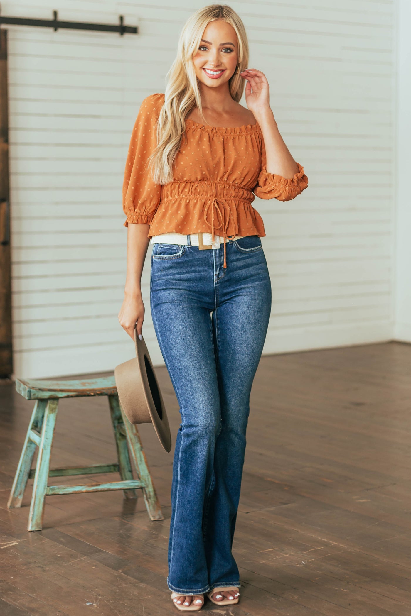Caramel Square Neck Puff Sleeve Swiss Dot Blouse