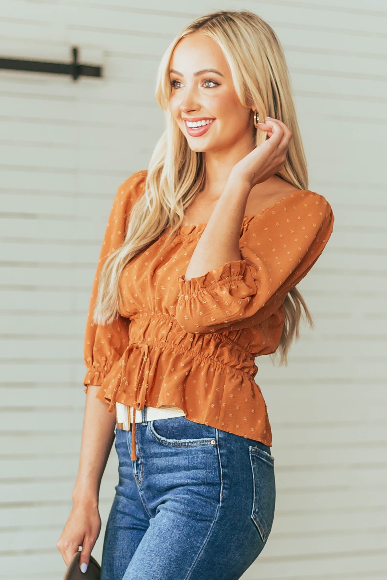 Caramel Square Neck Puff Sleeve Swiss Dot Blouse