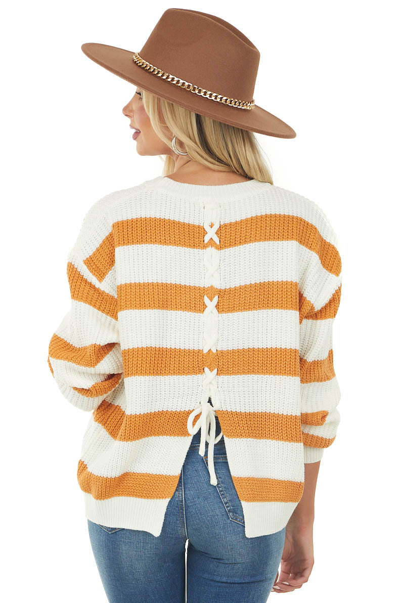 Caramel Striped Sweater with Lace Up Back