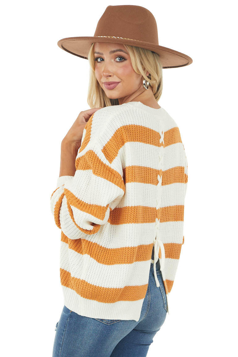Caramel Striped Sweater with Lace Up Back