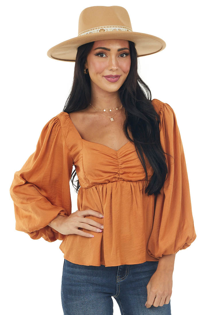 Caramel Sweetheart Puff Sleeve Babydoll Top