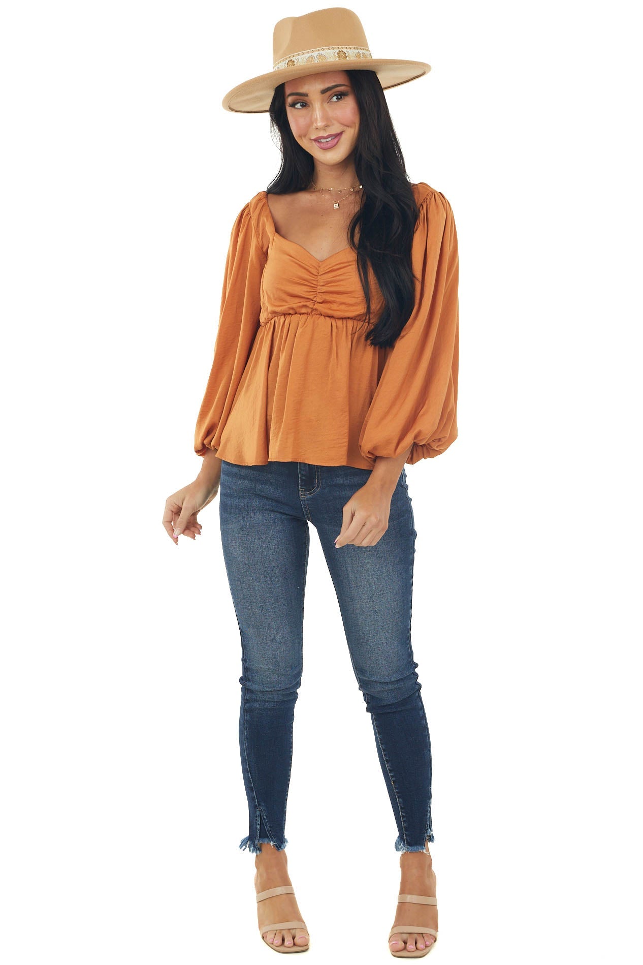 Caramel Sweetheart Puff Sleeve Babydoll Top