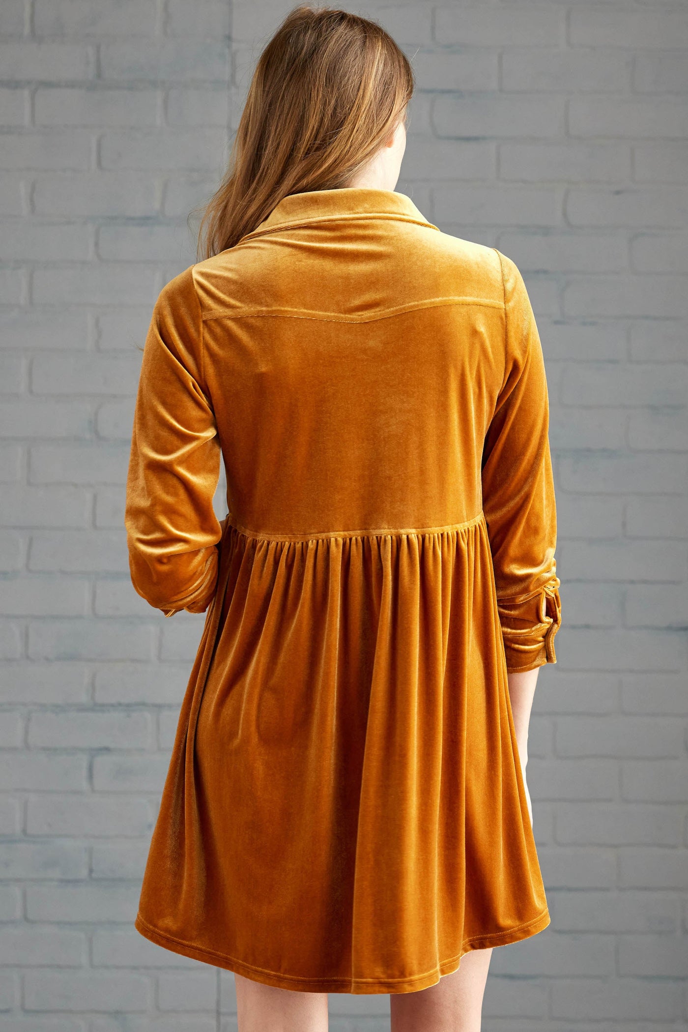 Caramel Velvet Long Sleeve Button Up Short Dress
