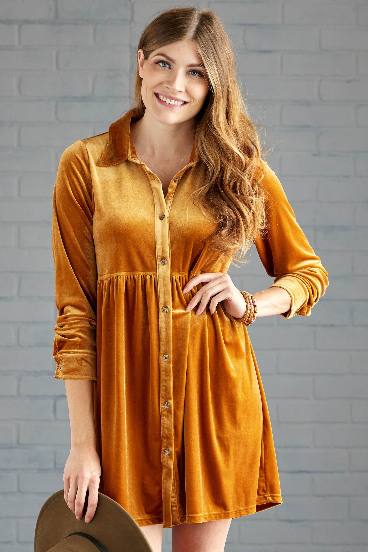 Caramel Velvet Long Sleeve Button Up Short Dress