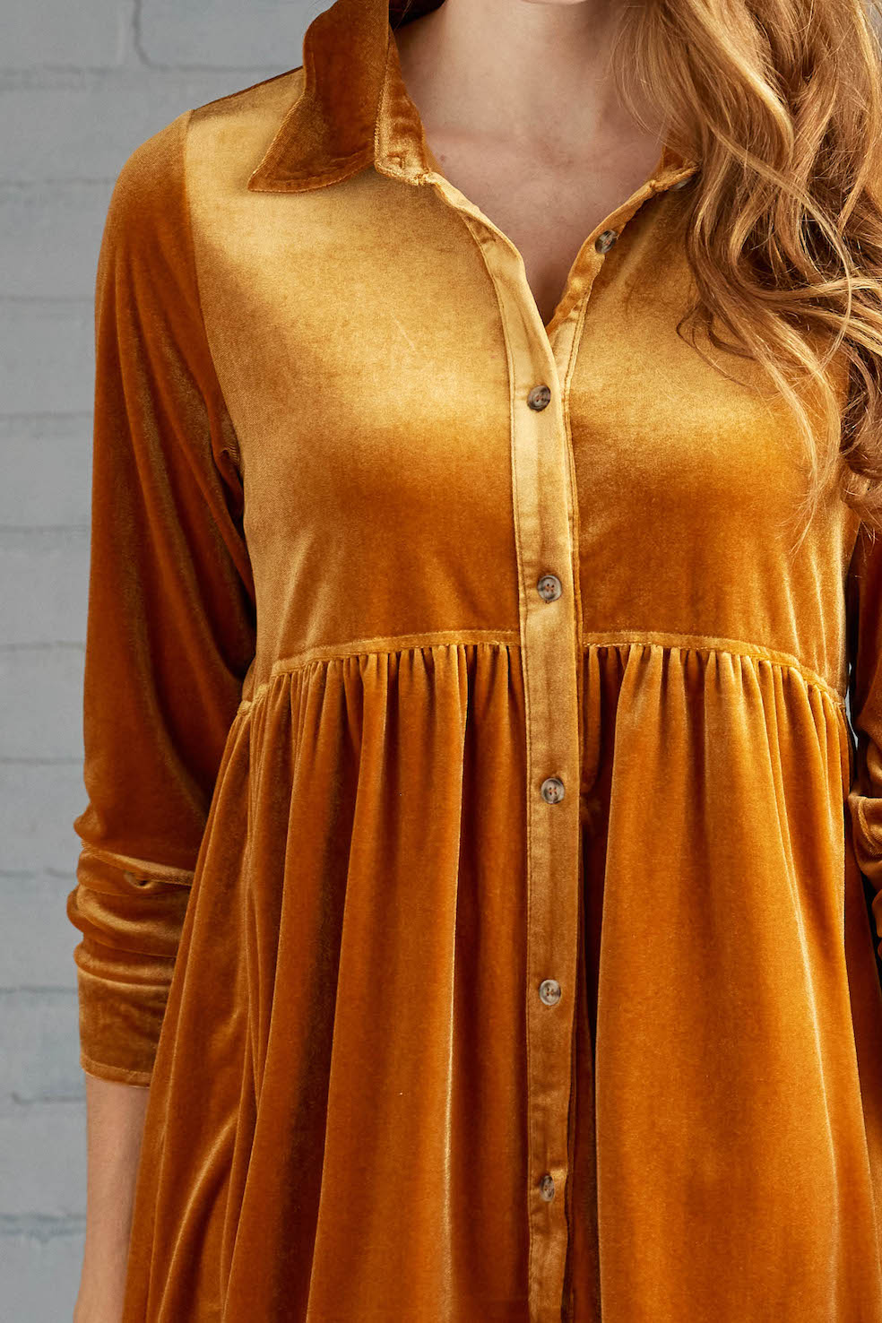 Caramel Velvet Long Sleeve Button Up Short Dress