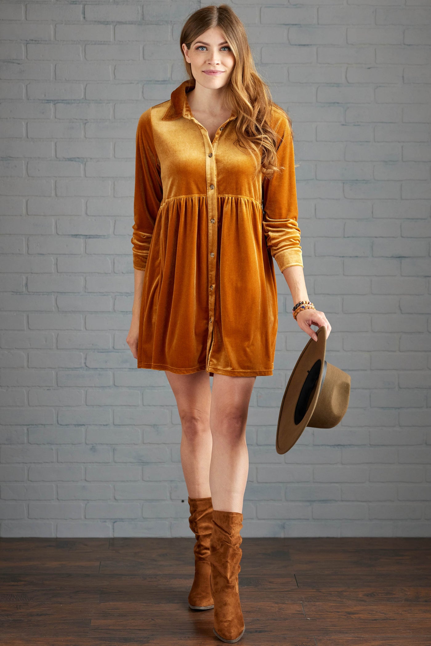 Caramel Velvet Long Sleeve Button Up Short Dress