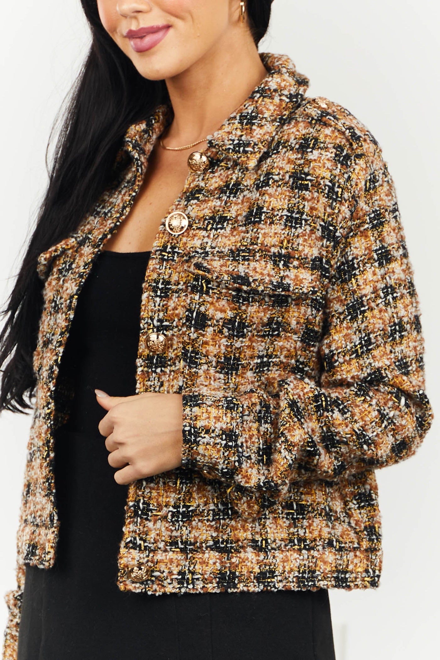 Caramel and Black Gold Button Tweed Jacket