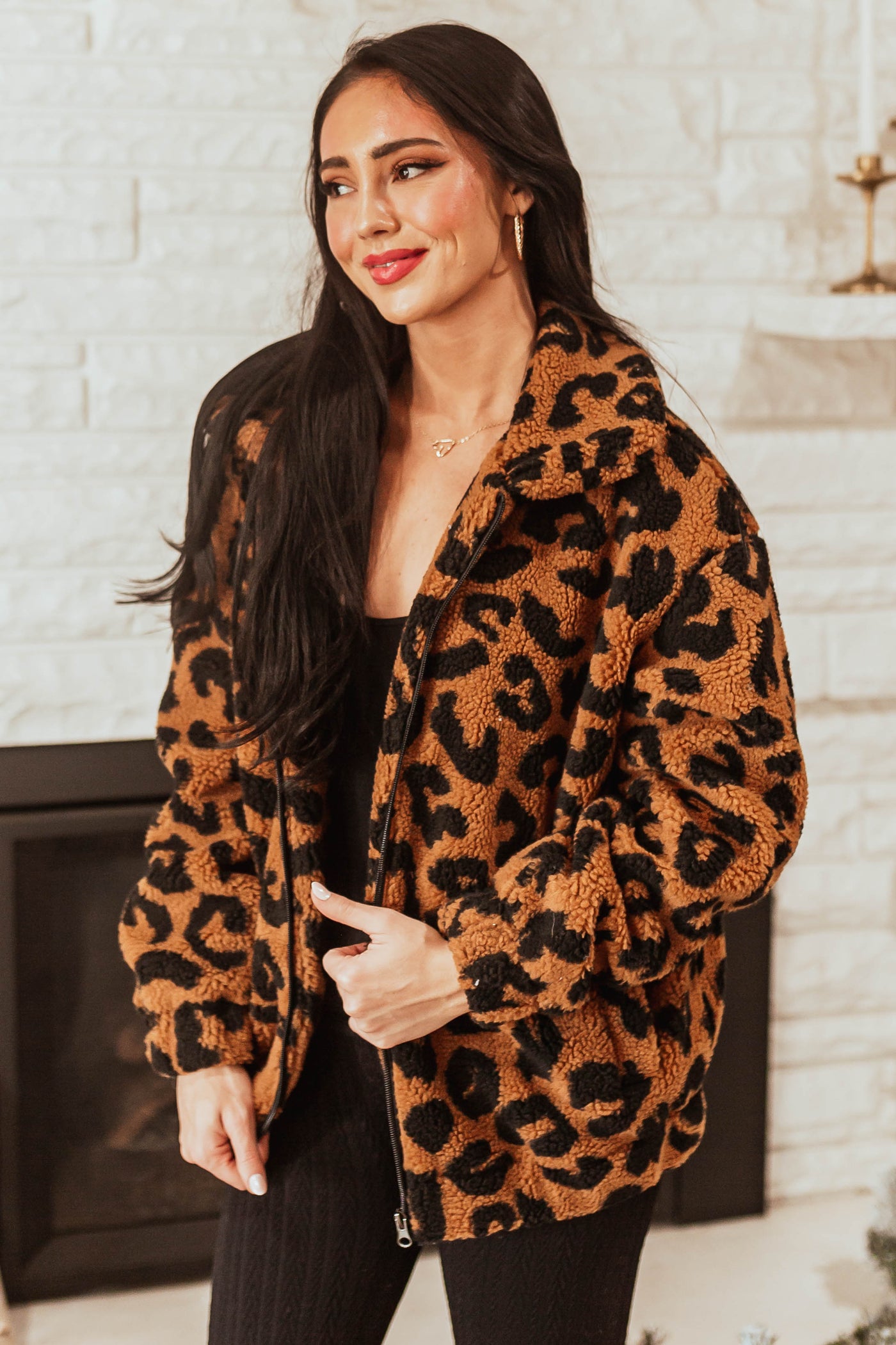 Caramel Leopard Print Zip Up Sherpa Jacket