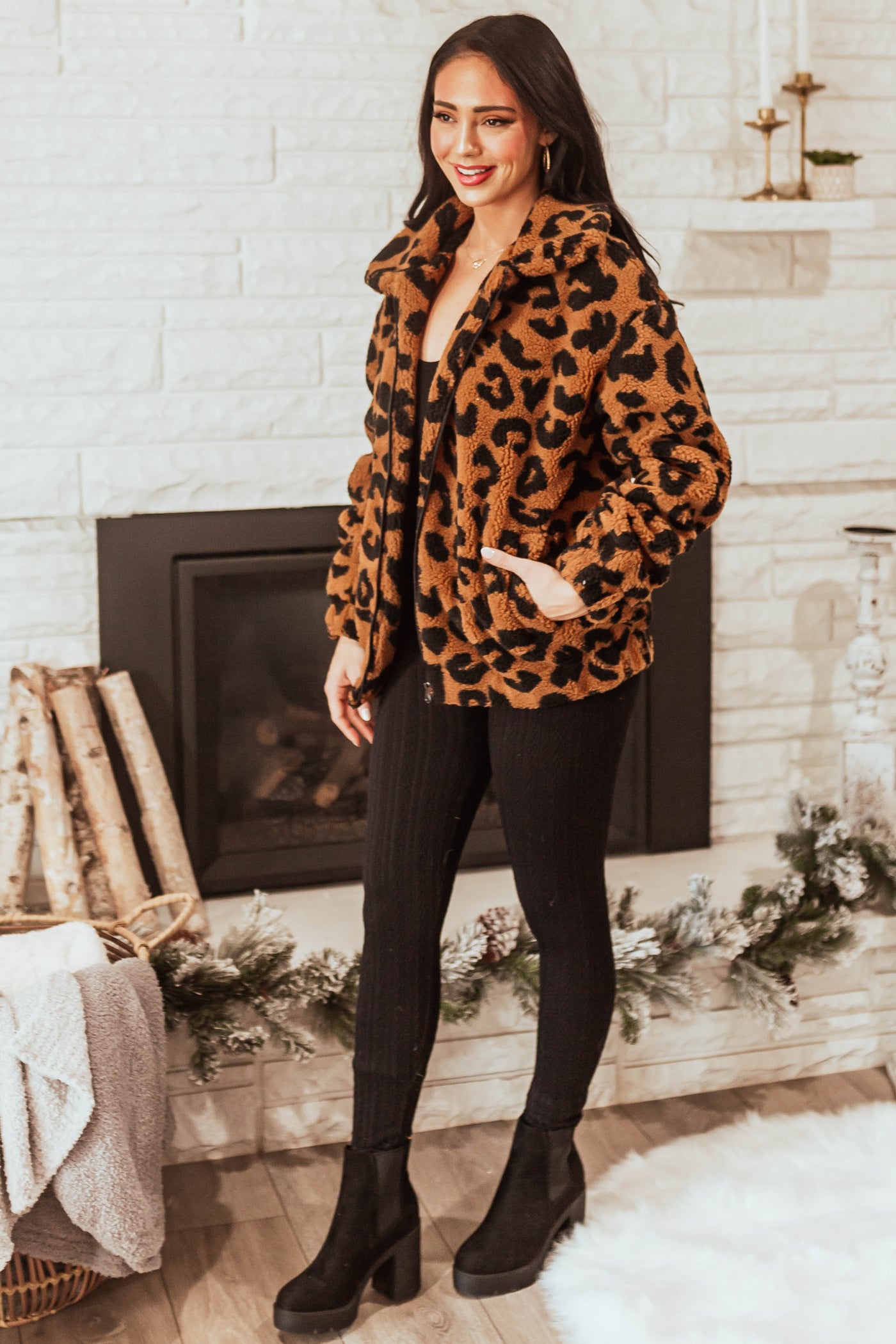Caramel Leopard Print Zip Up Sherpa Jacket