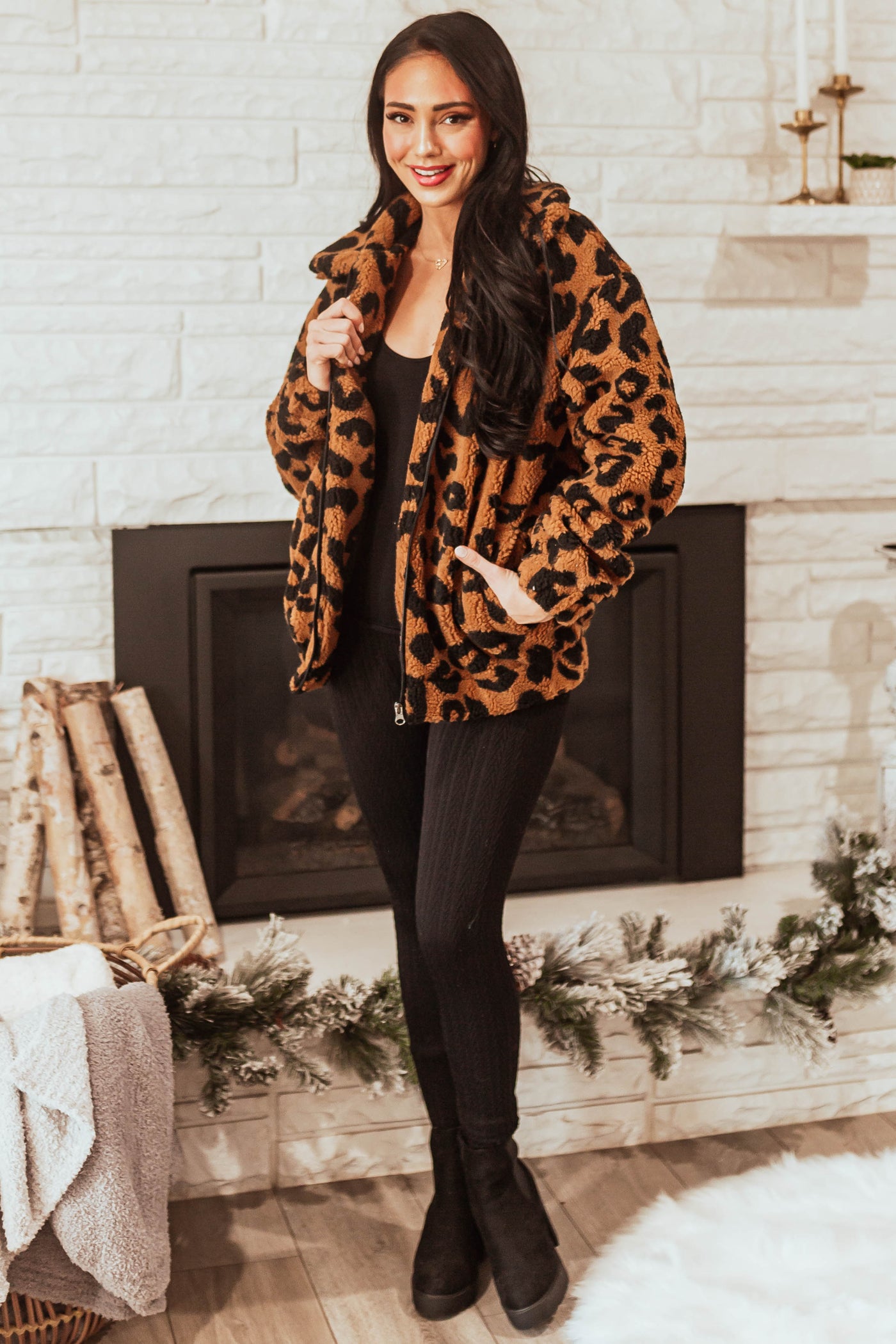 Caramel Leopard Print Zip Up Sherpa Jacket
