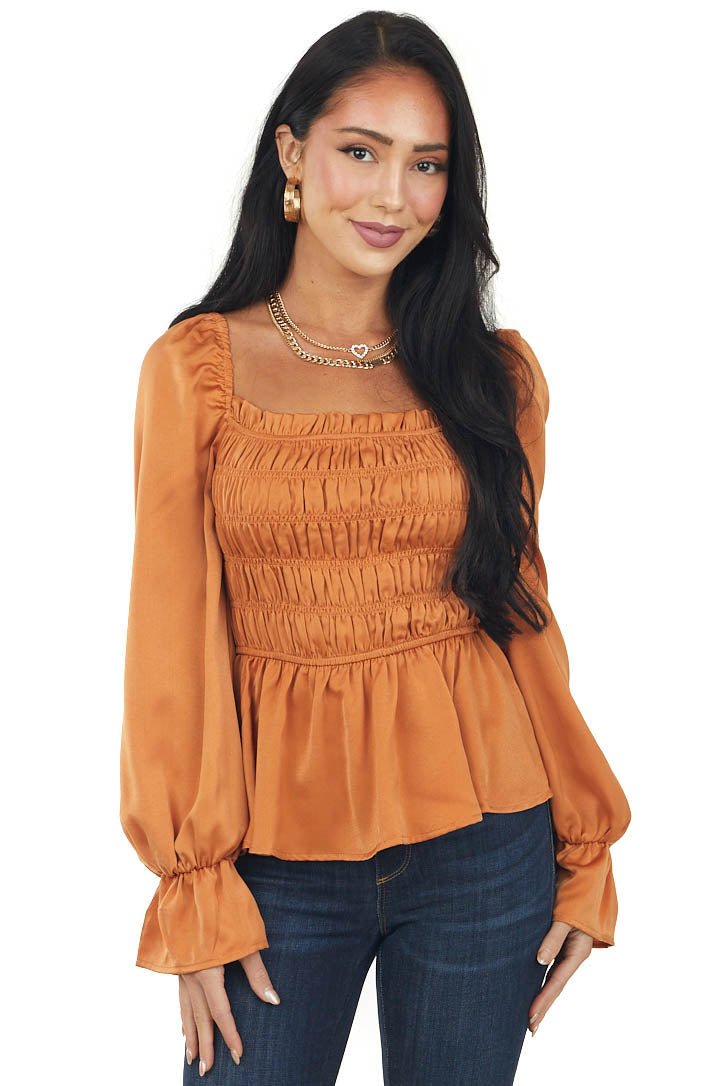 Carmel Smocked Peasant Sleeve Ruffle Blouse