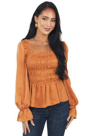 Carmel Smocked Peasant Sleeve Ruffle Blouse