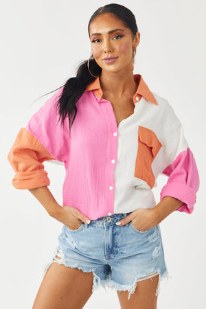 Carnation Colorblock Collared Long Sleeve Blouse