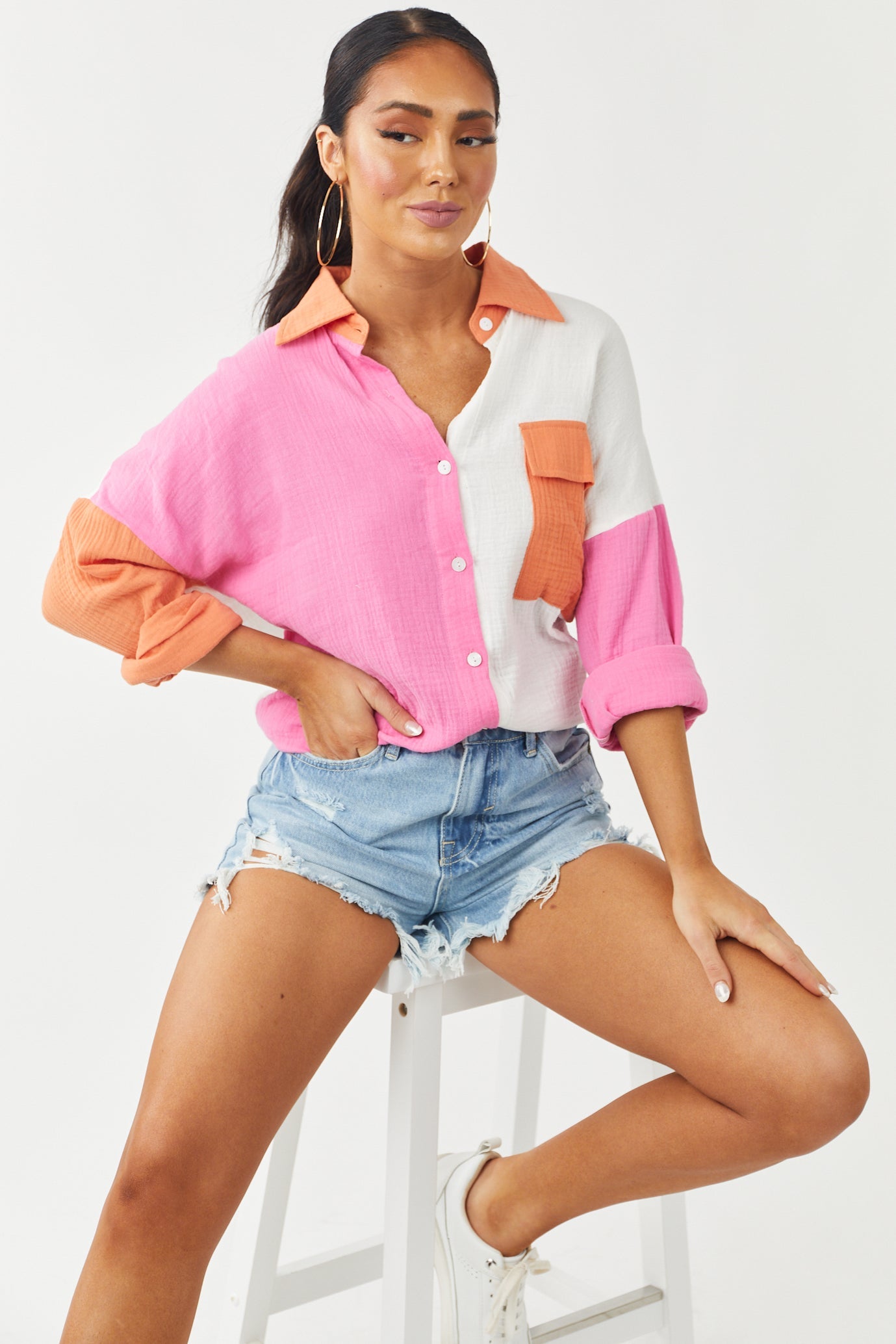 Carnation Colorblock Collared Long Sleeve Blouse