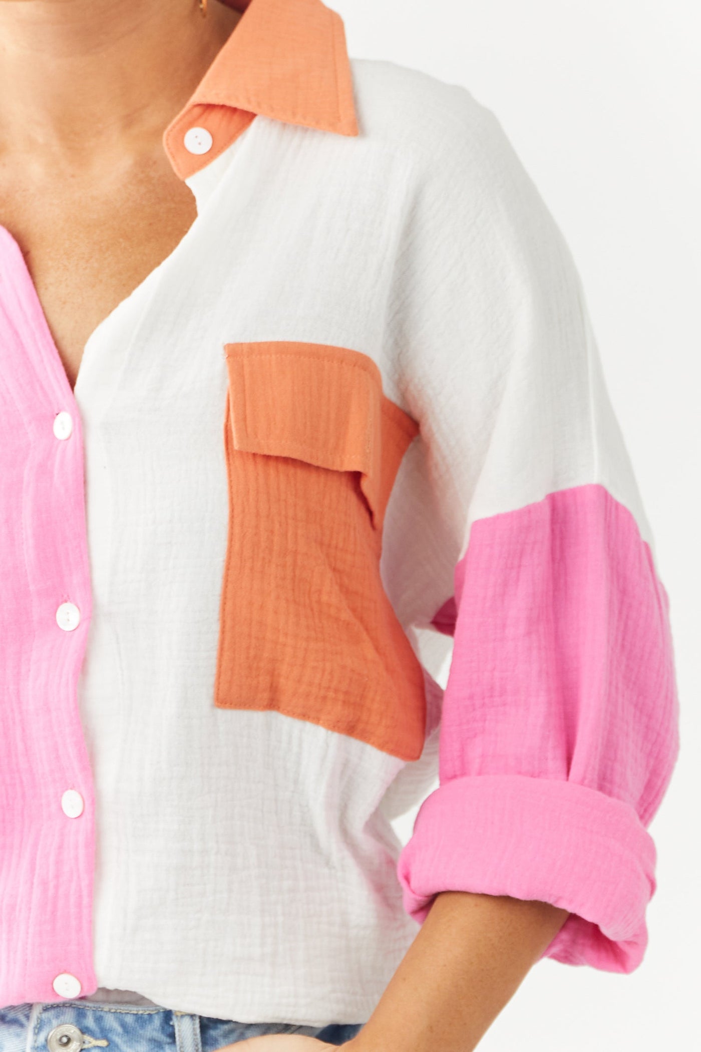 Carnation Colorblock Collared Long Sleeve Blouse