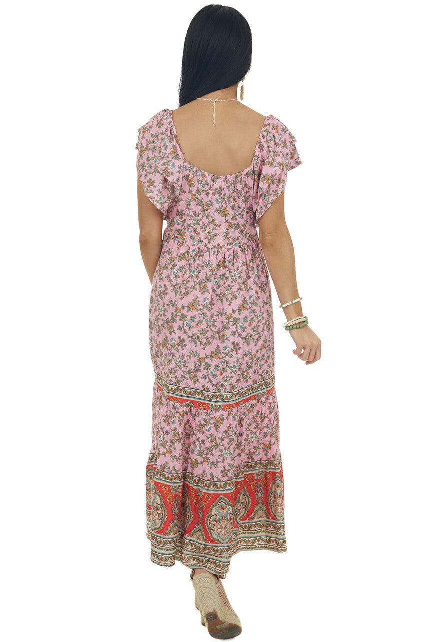 Carnation Floral Print Square Neck Midi Dress 