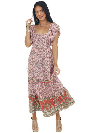 Carnation Floral Print Square Neck Midi Dress 