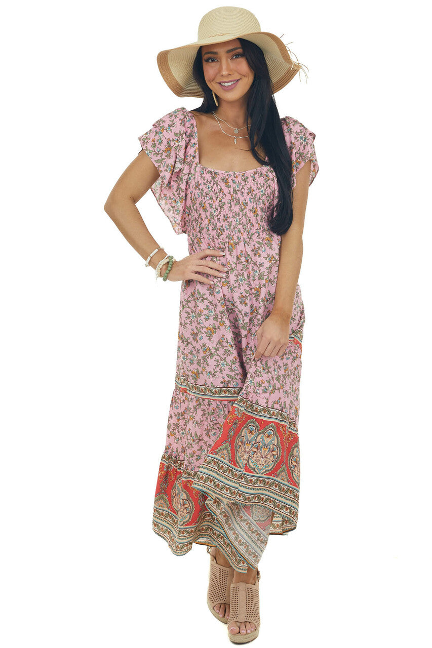 Carnation Floral Print Square Neck Midi Dress 