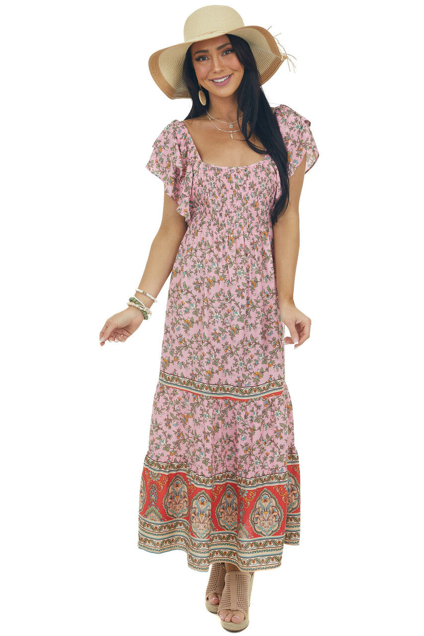 Carnation Floral Print Square Neck Midi Dress 