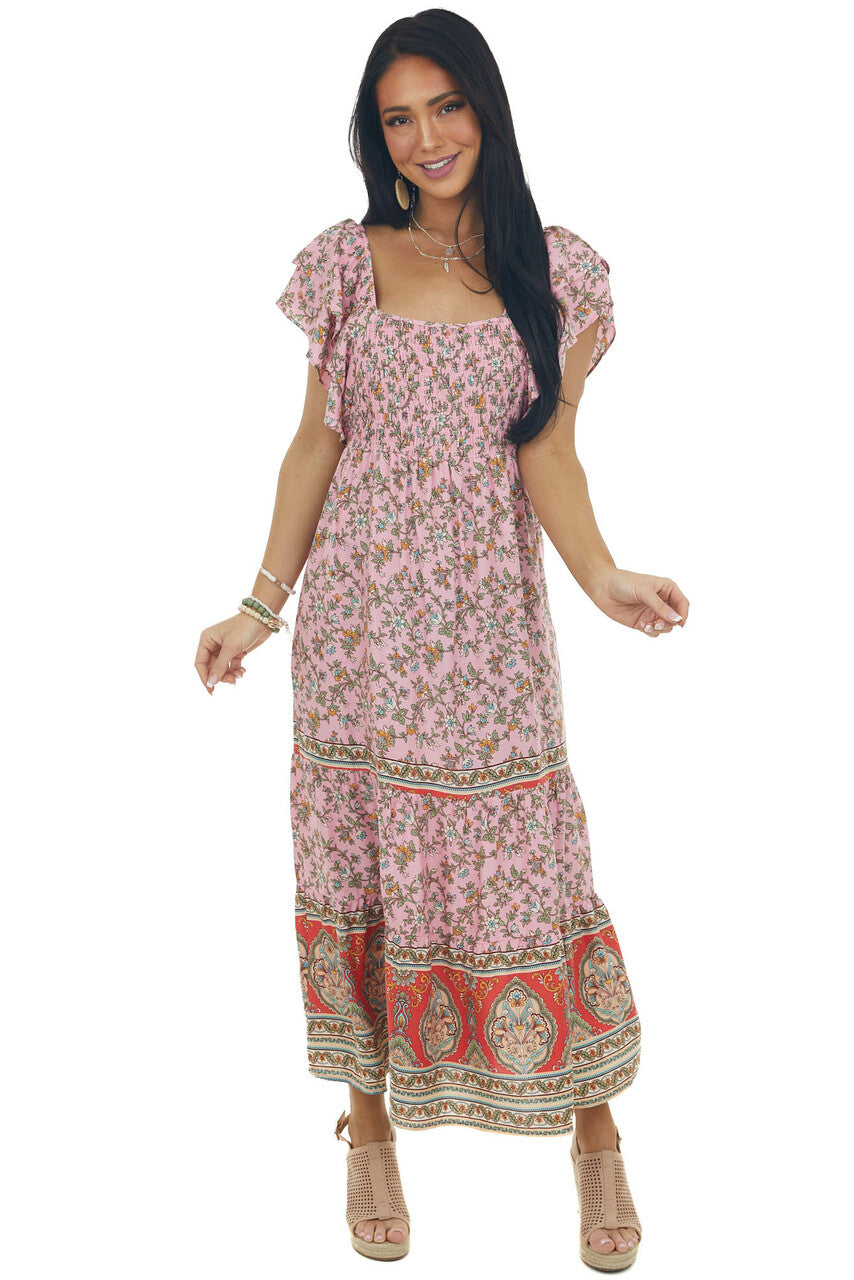 Carnation Floral Print Square Neck Midi Dress 