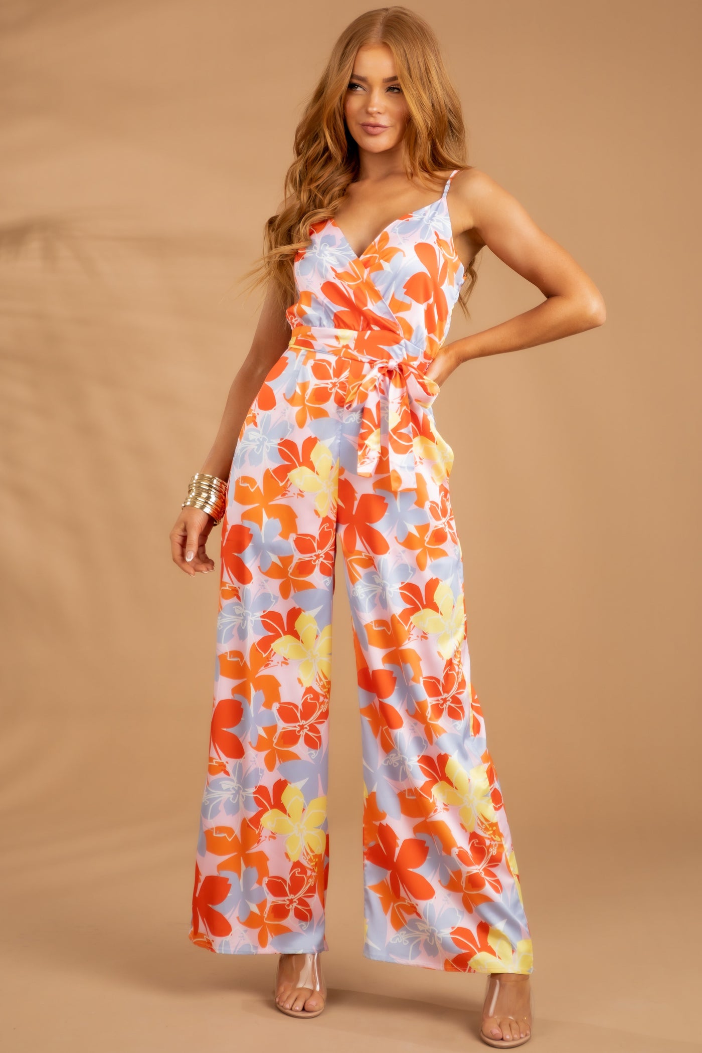 Carnation Floral Print Surplice Satin Jumpsuit