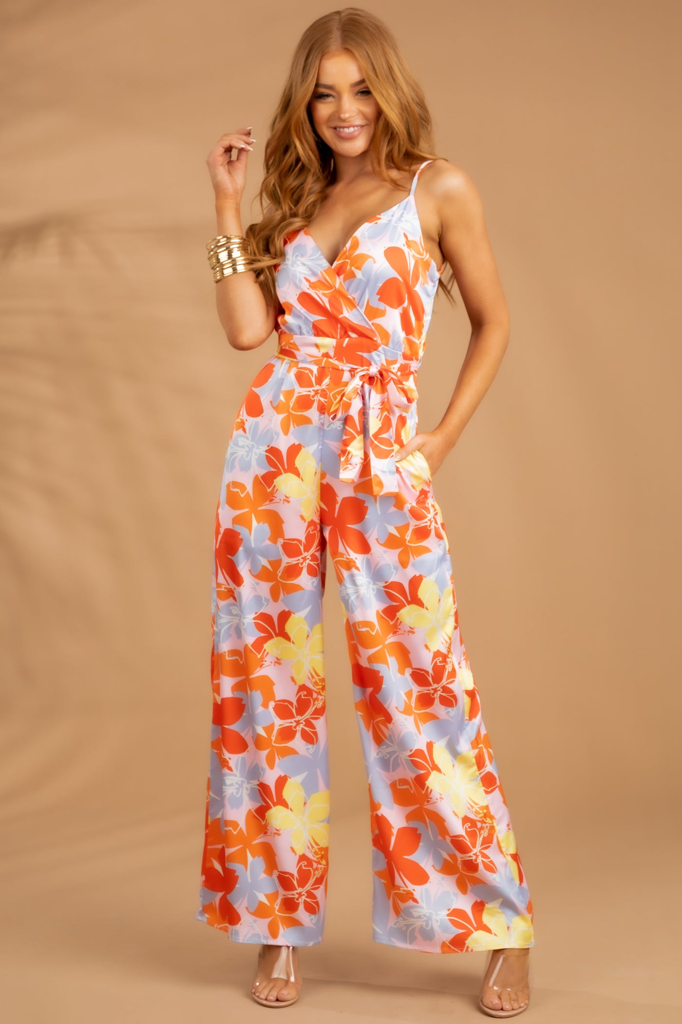 Carnation Floral Print Surplice Satin Jumpsuit