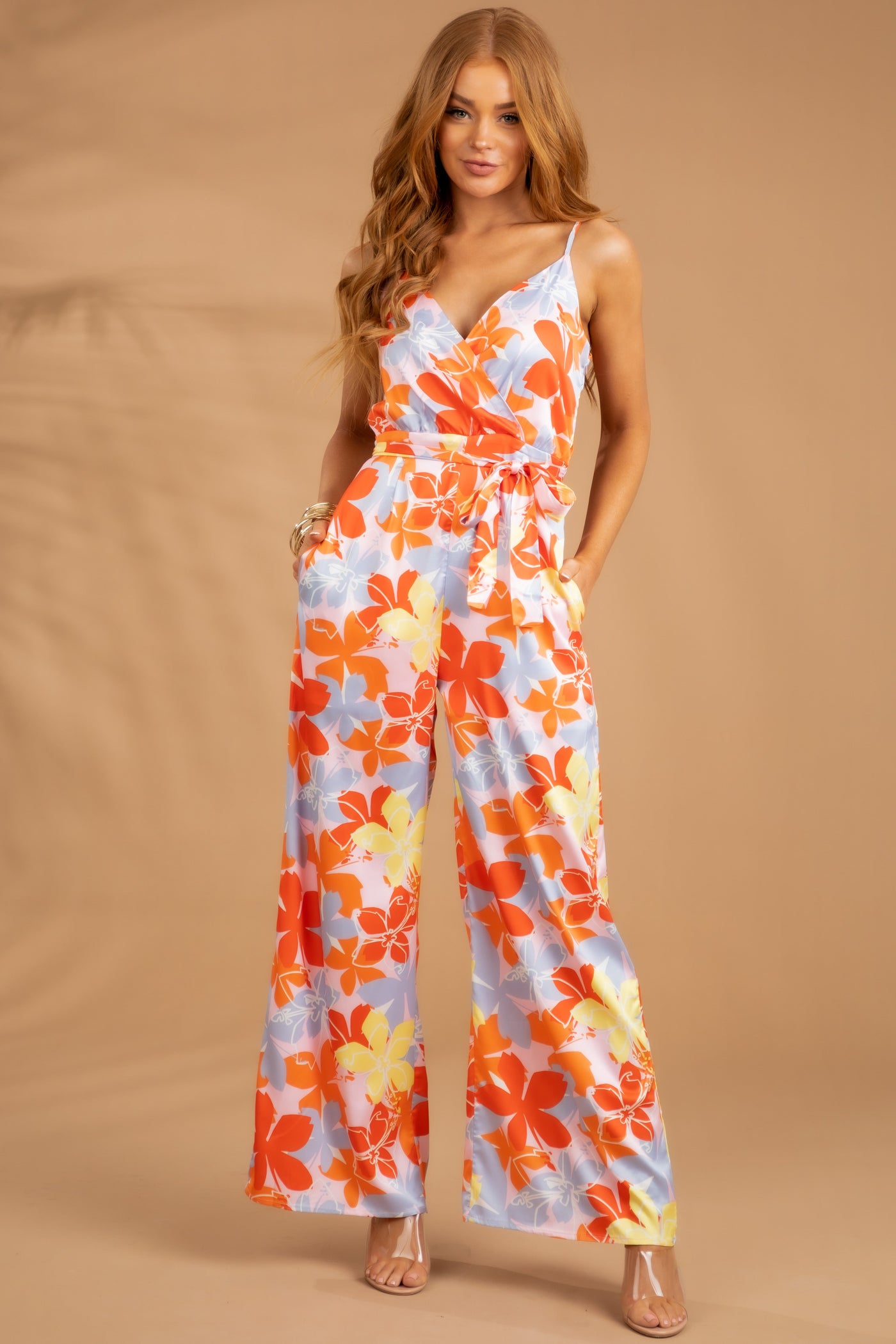 Carnation Floral Print Surplice Satin Jumpsuit