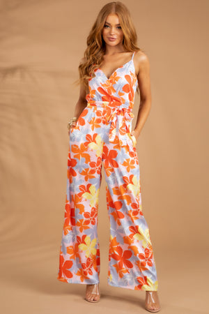 Carnation Floral Print Surplice Satin Jumpsuit