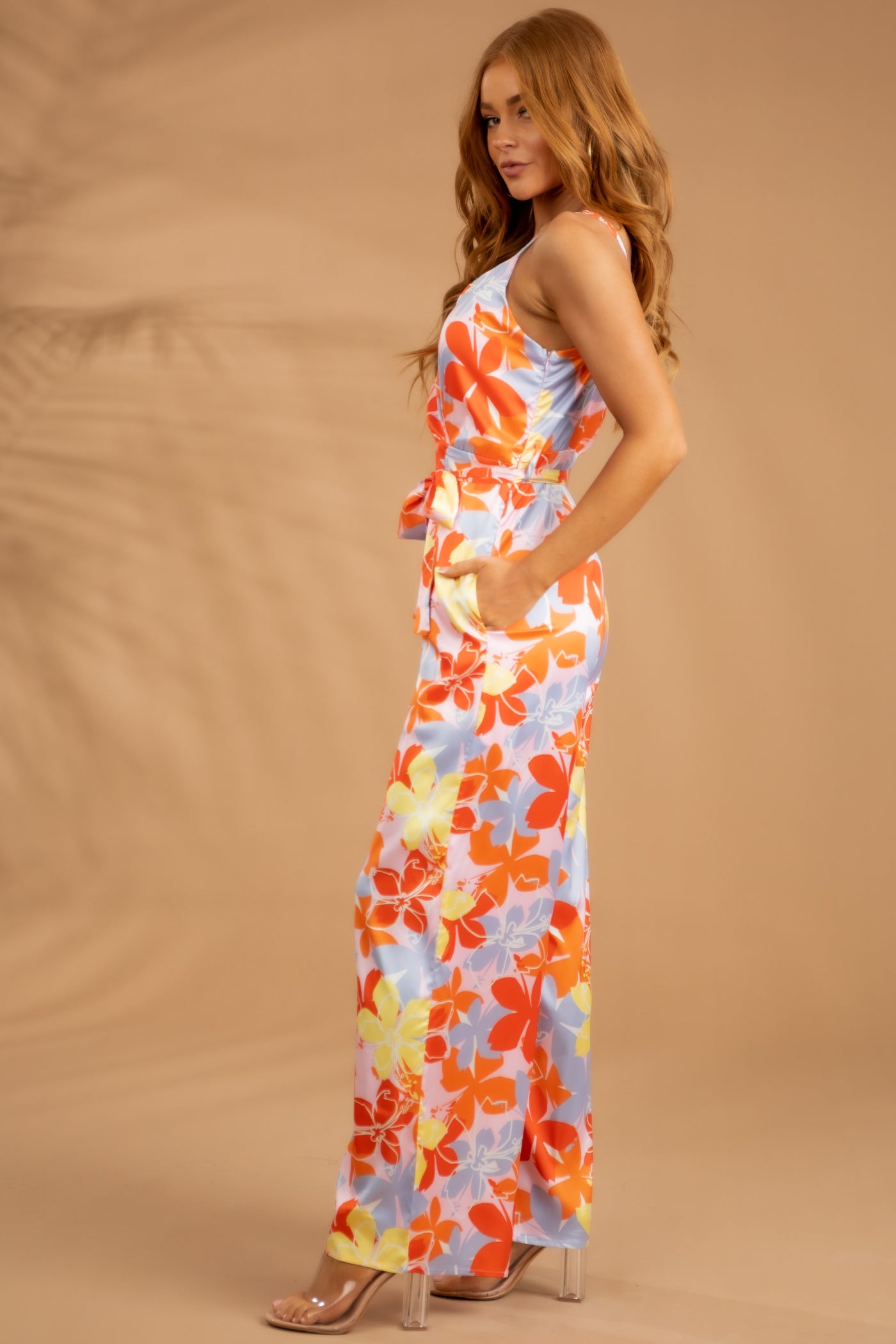Carnation Floral Print Surplice Satin Jumpsuit