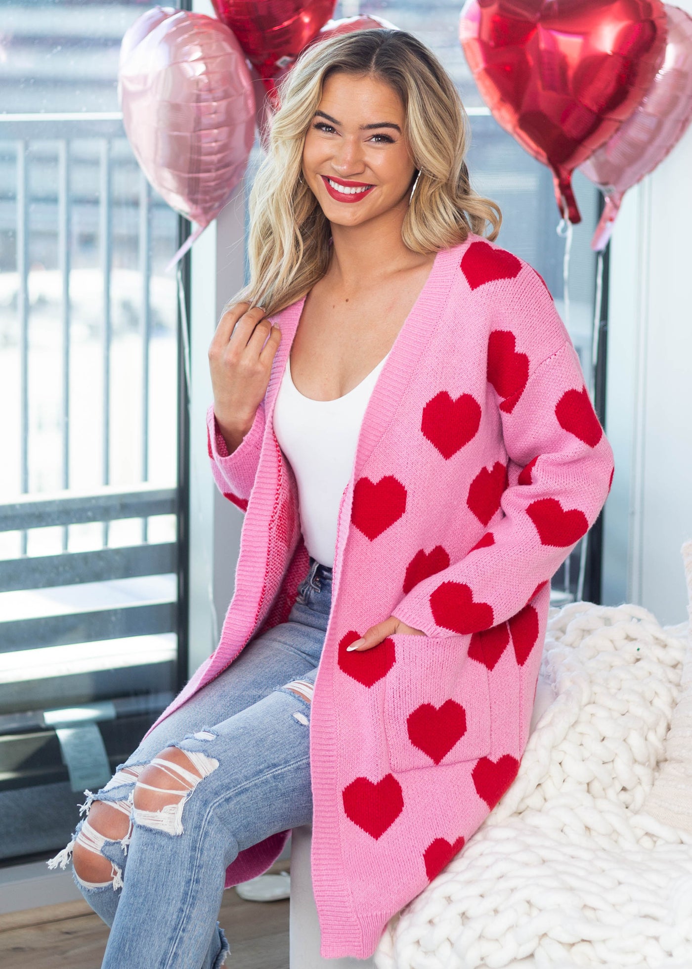 Carnation Heart Print Open Front Knit Cardigan