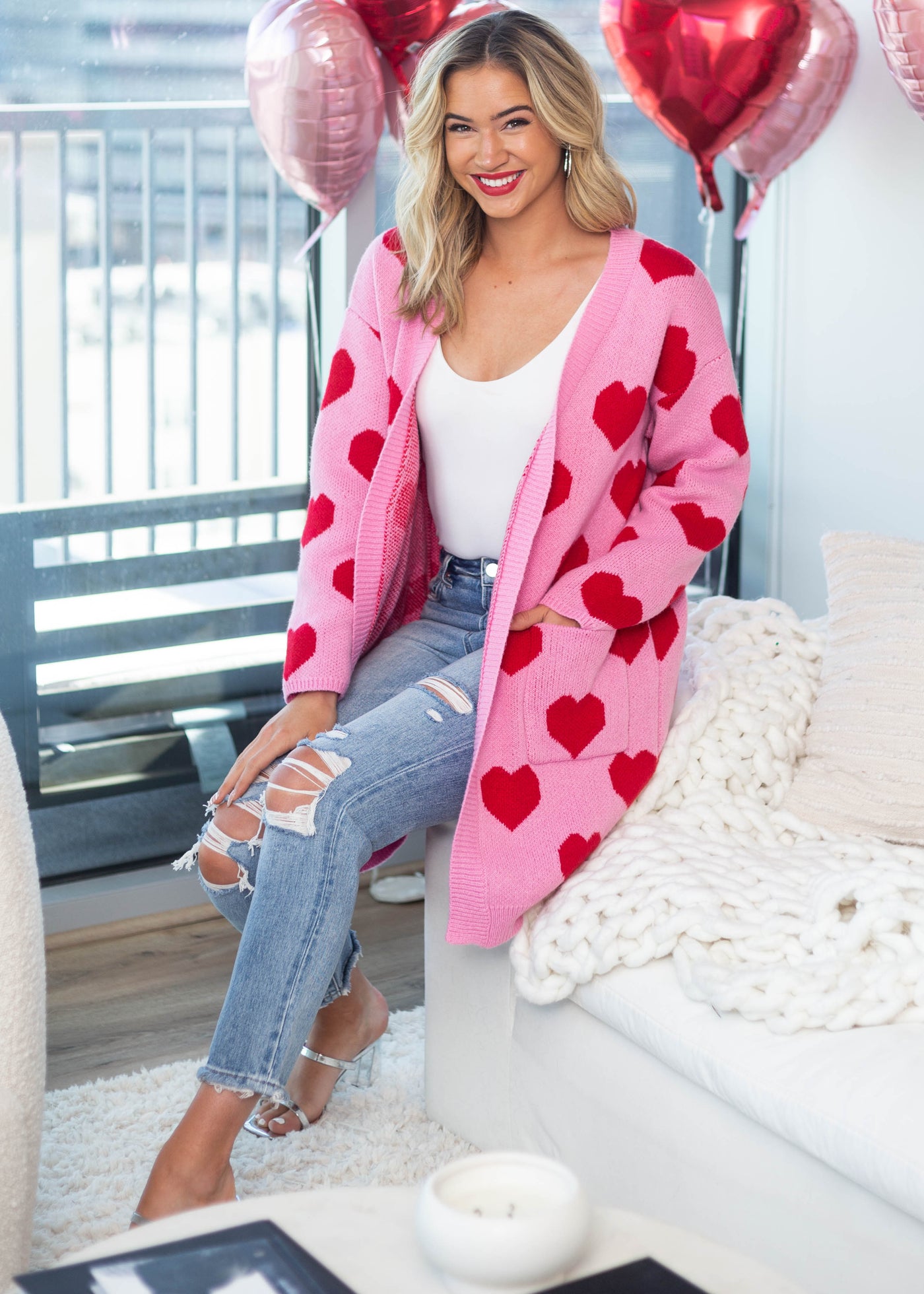 Carnation Heart Print Open Front Knit Cardigan